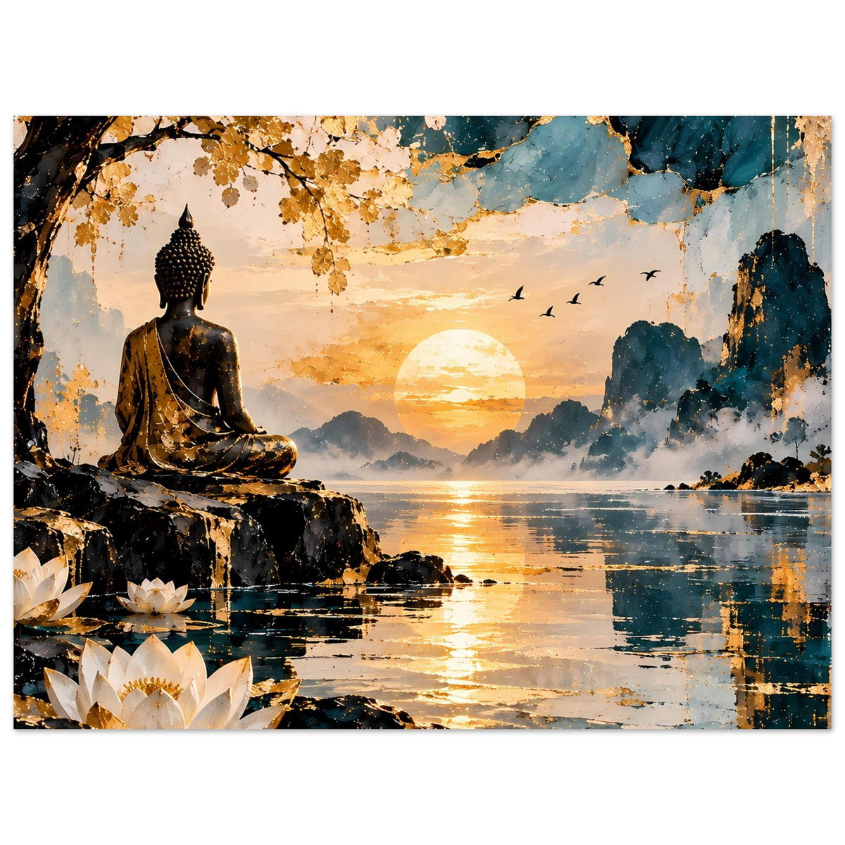 Gedrucktes Zen-Poster mit Buddha, goldener Sonne am Horizont und Vögeln über dem See