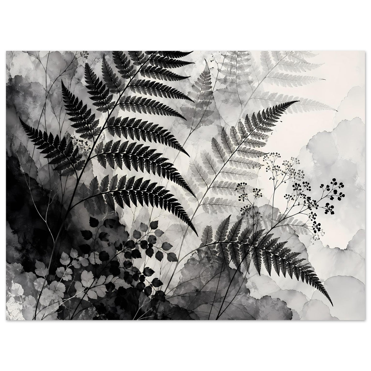 Querformatiges botanisches Poster mit Farn, Blättern und schattigen Formen in Schwarz-Weiß
