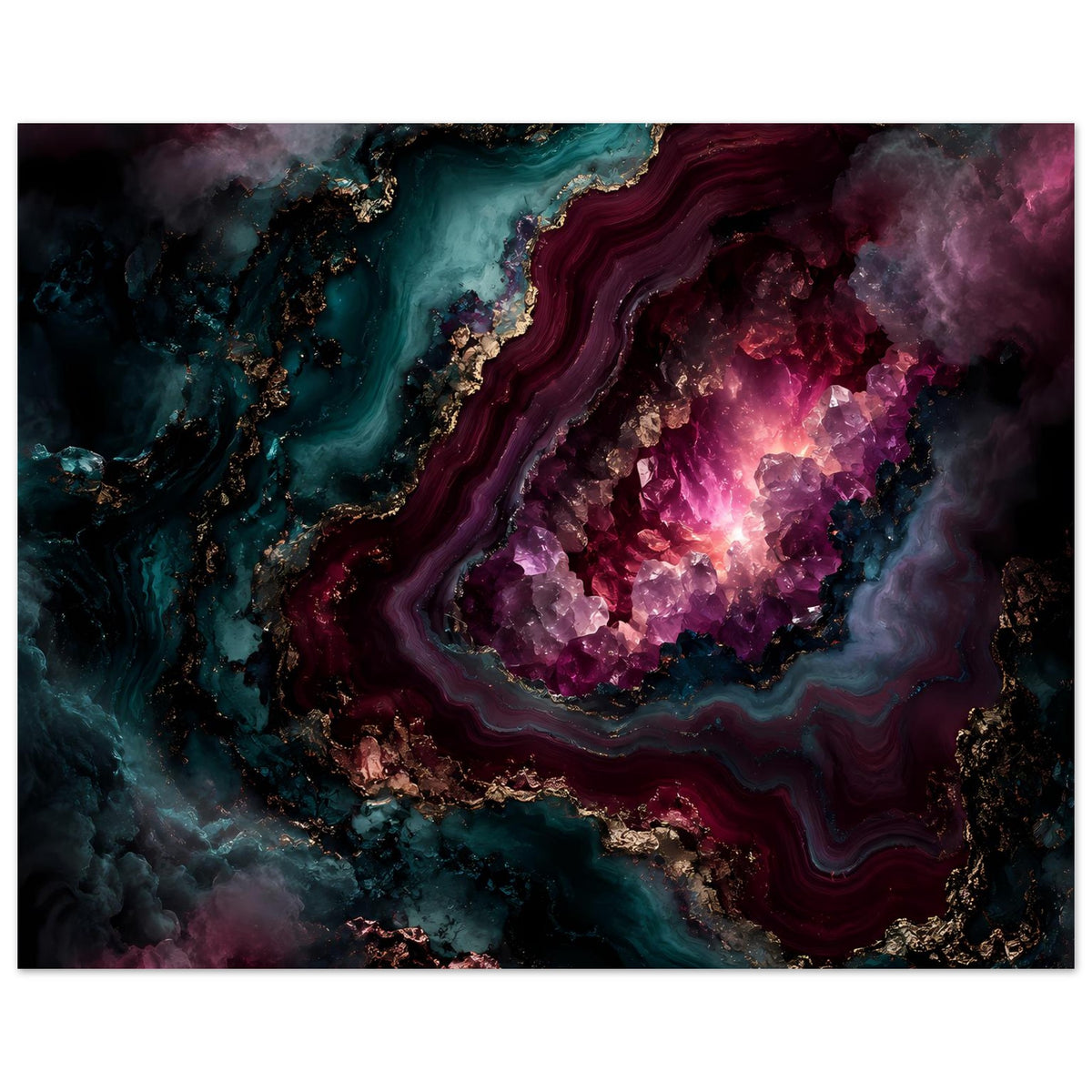 Horizontales Kunstposter mit violetten Amethyst-ähnlichen Kristalladern und türkisfarbenen Schlieren