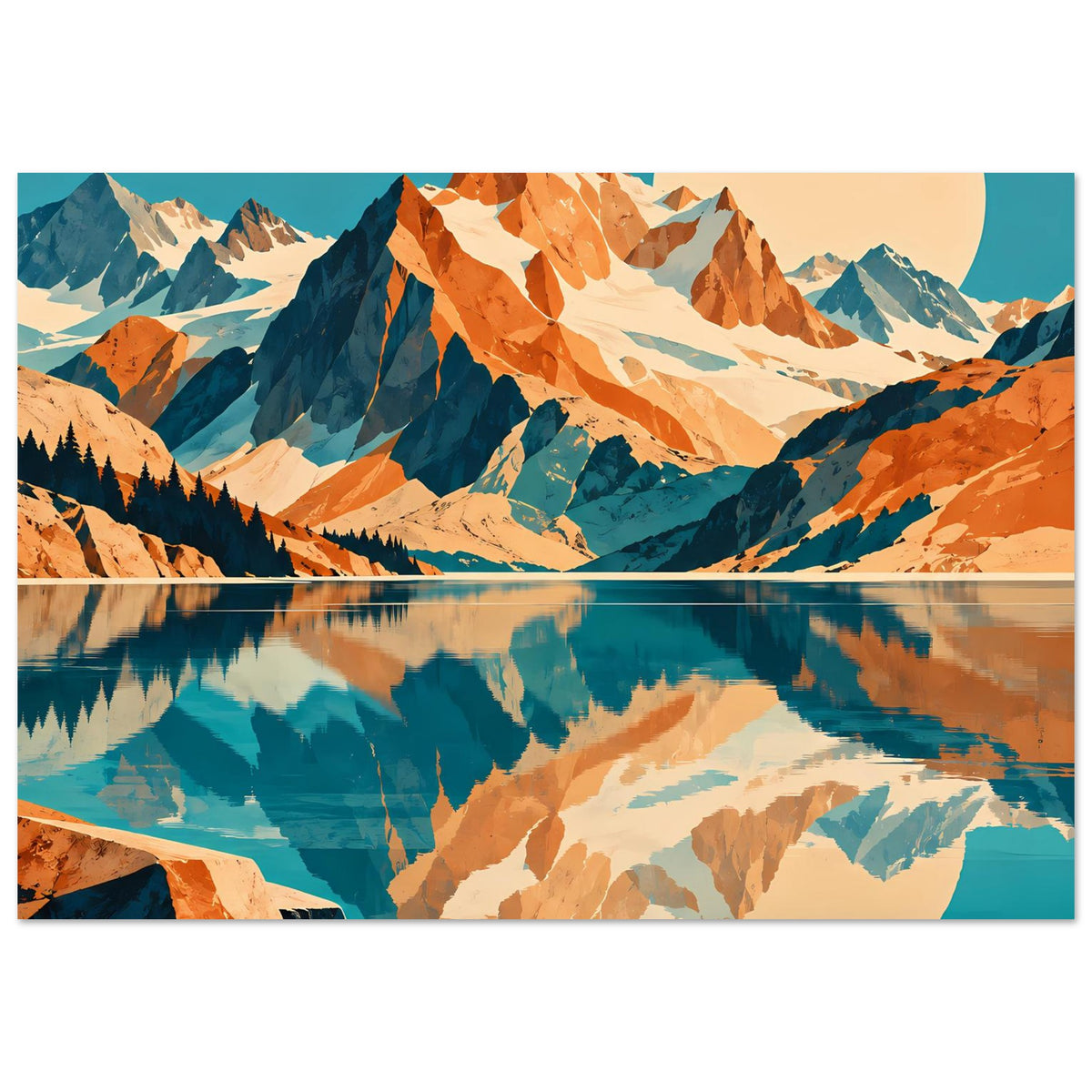 Naturposter (querformatig) mit Berglandschaft, reflektierendem See und Sonnenkreis, Blau/Orange