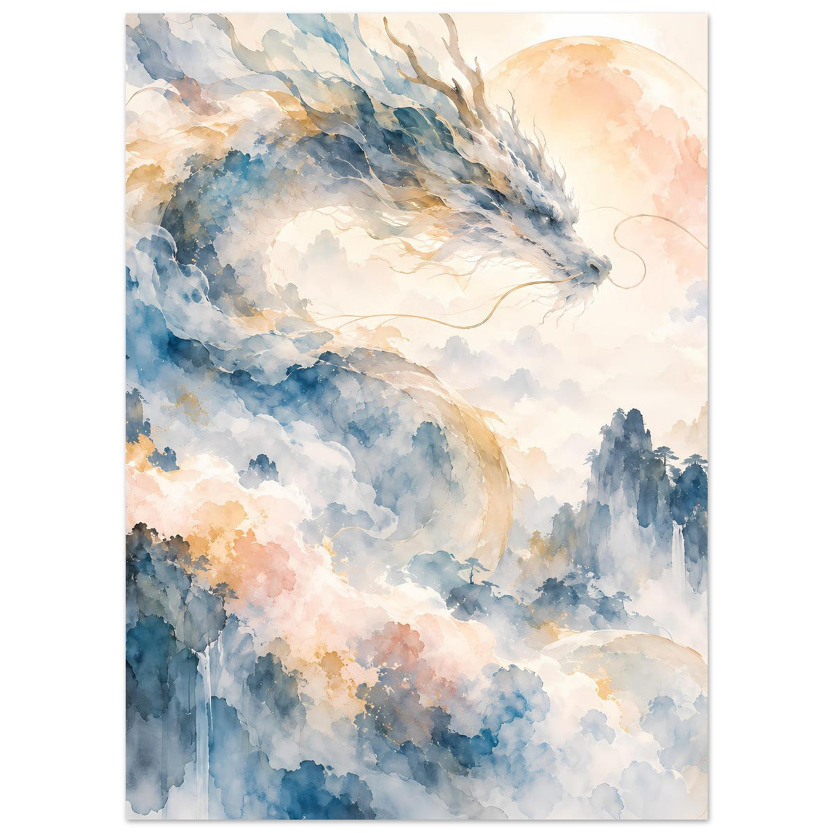 Fantasie-Aquarellposter mit Drachenflügeln über nebligen Landschaften in Blau und Beige