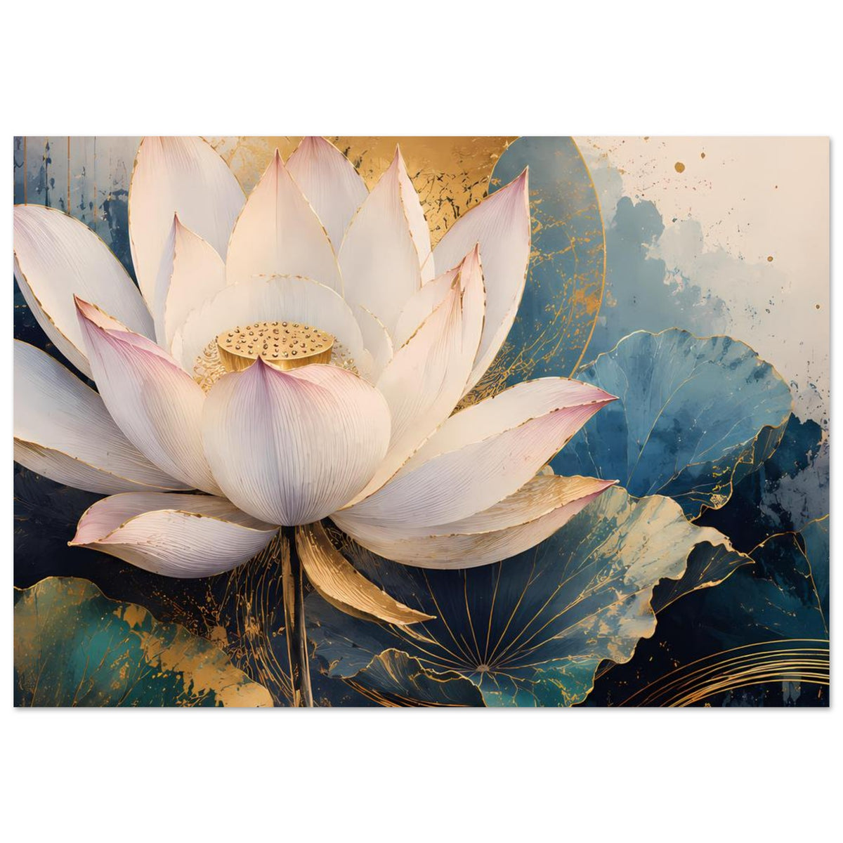 Lotusblumen-Poster mit großem weißen Lotus und blauem Blattmotiv, abgerundet durch goldene Linien