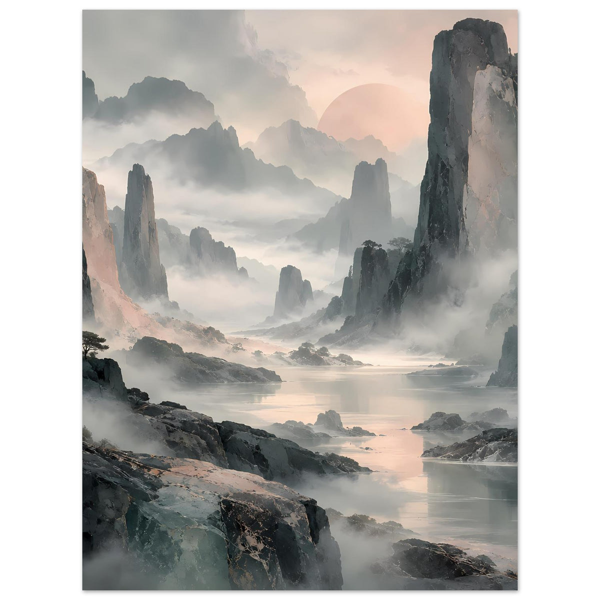Hochformat-Poster mit Felsbergen im Dunst, weichem Himmelston und stiller Wasserfläche