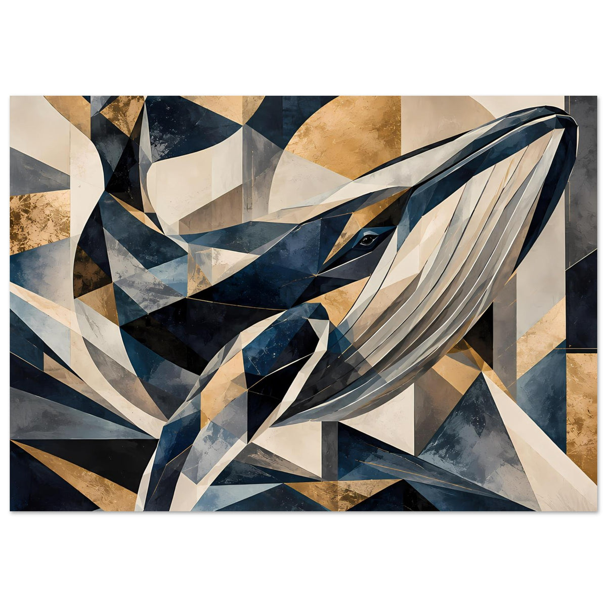 Geometrisches Wal-Artwork als Poster, horizontales Motiv in Blau-, Gold- und Creme-Tönen
