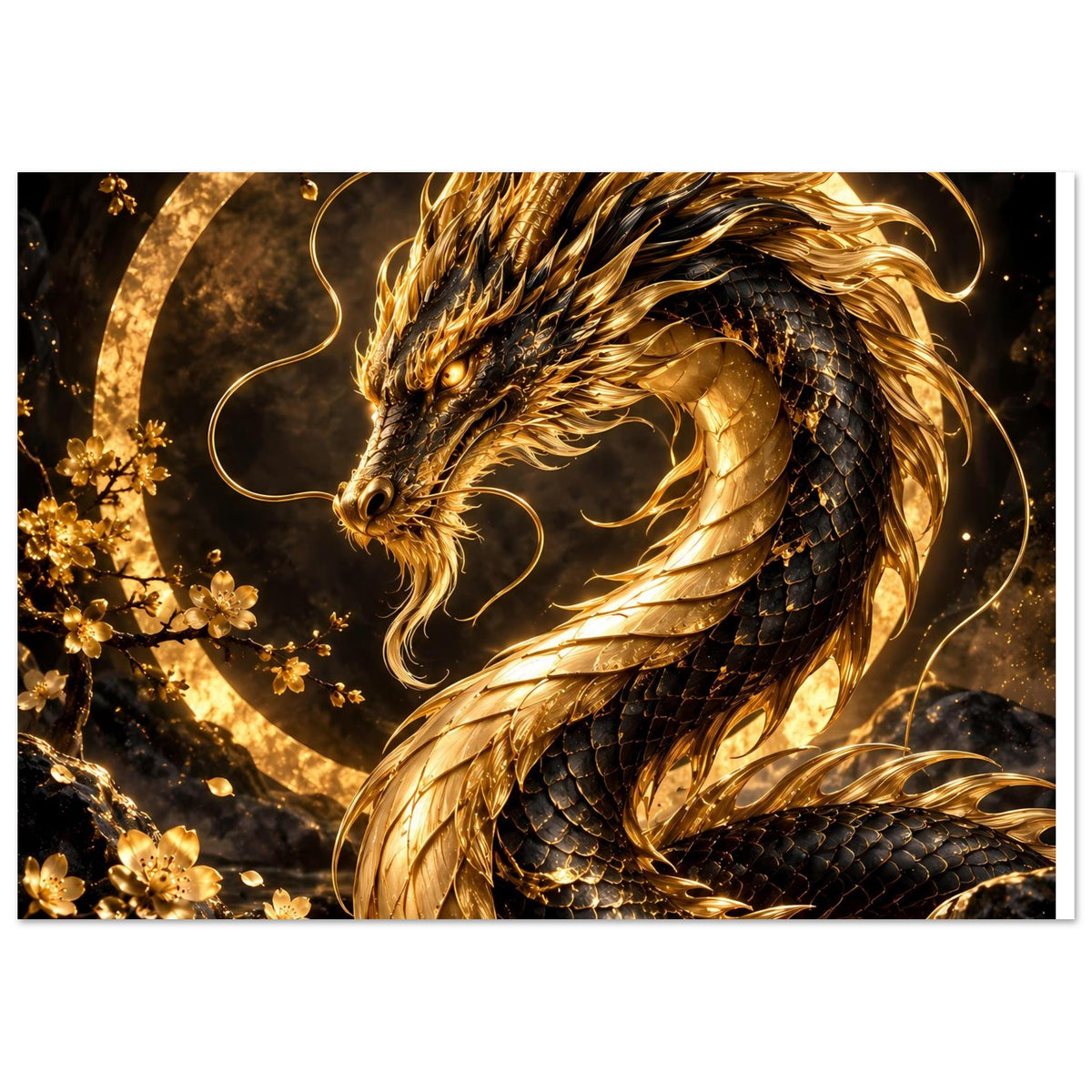 Drachen-Poster: goldener Drachenkopf mit Schuppenflügeln und Kreisornamenten