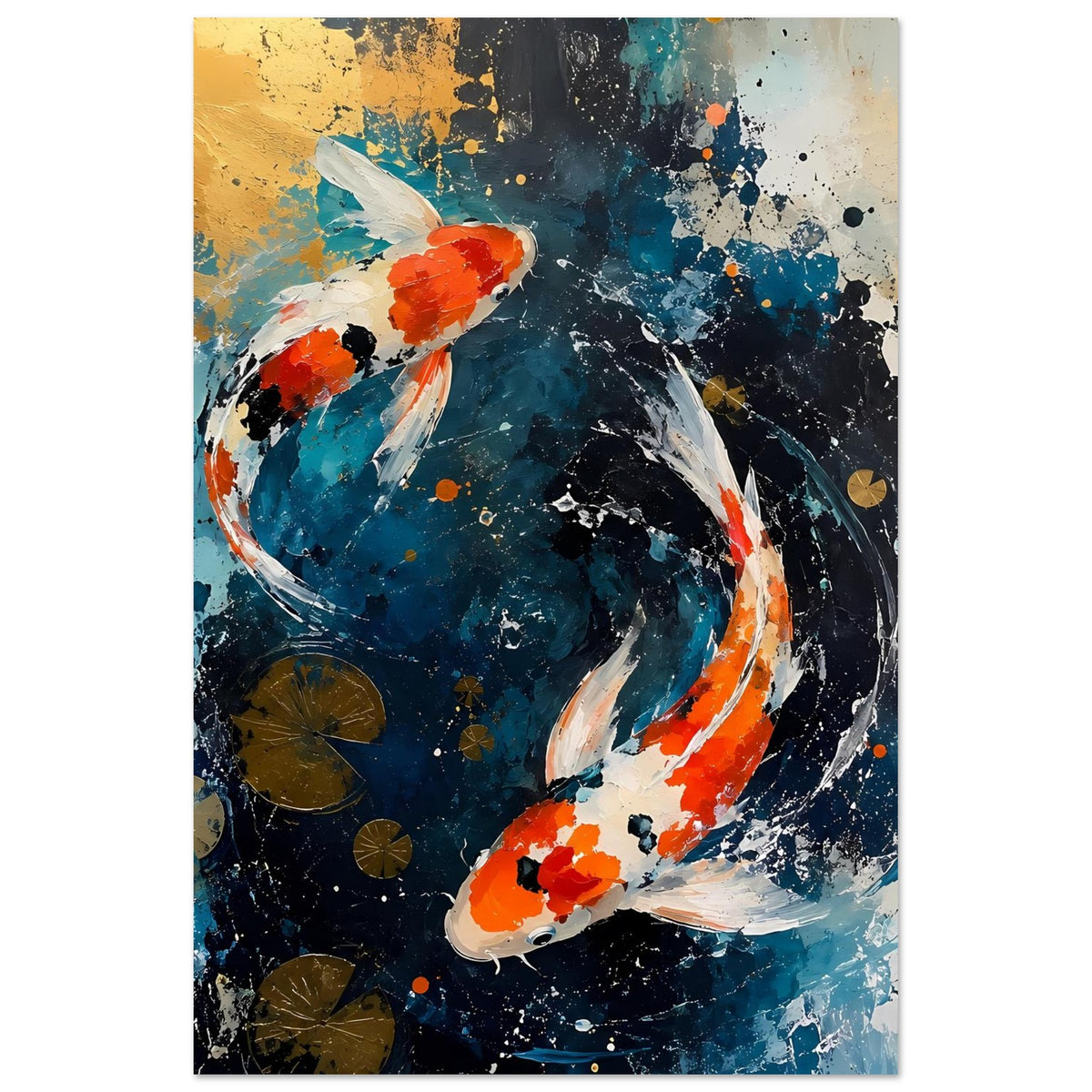 Poster mit zwei Koi-Silhouetten im abstrakten Farbwirbel, Blau, Orange, Schwarz und Gold