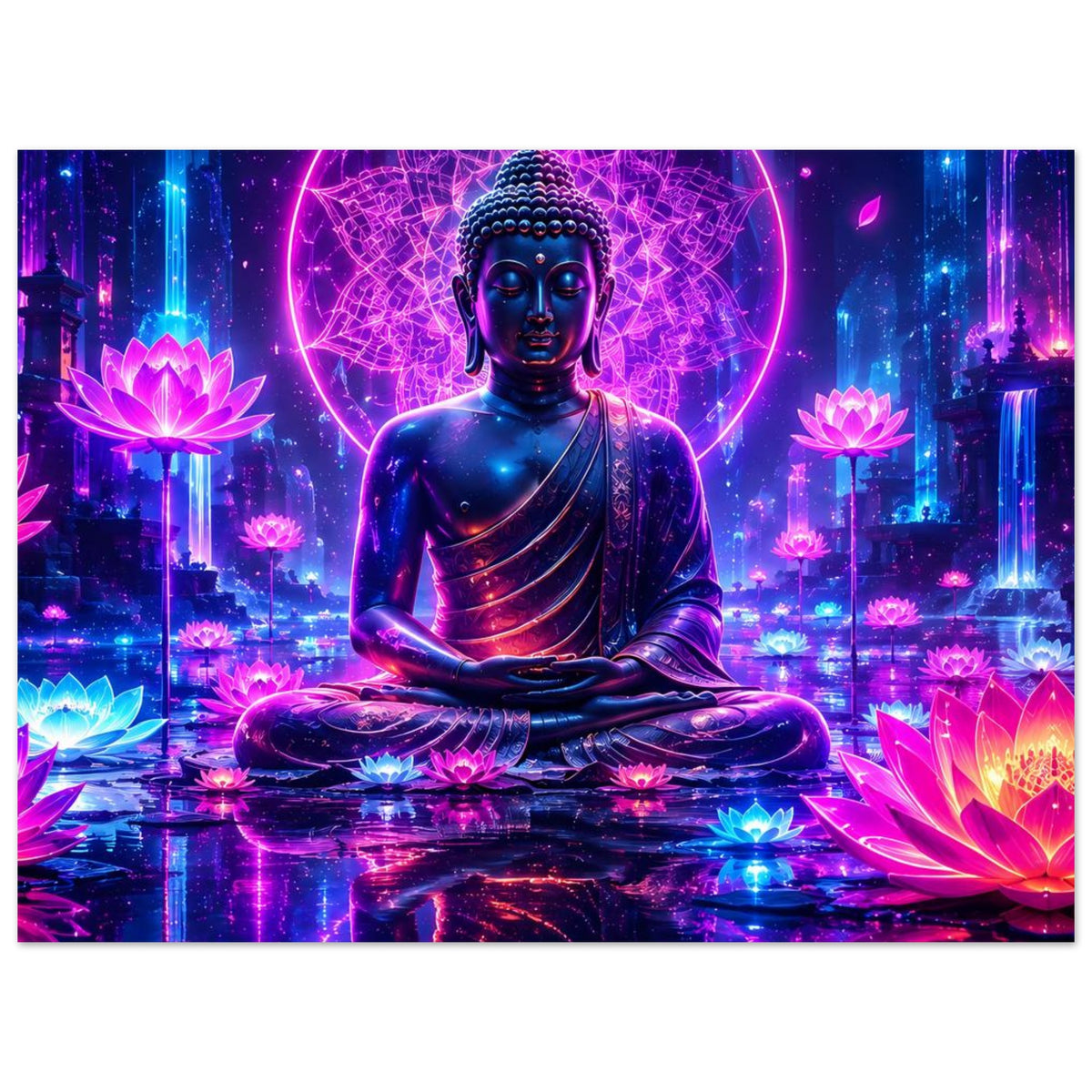 Querformat-Poster: sitzender Buddha mit leuchtenden Lotusblüten und neonfarbigem Kreis
