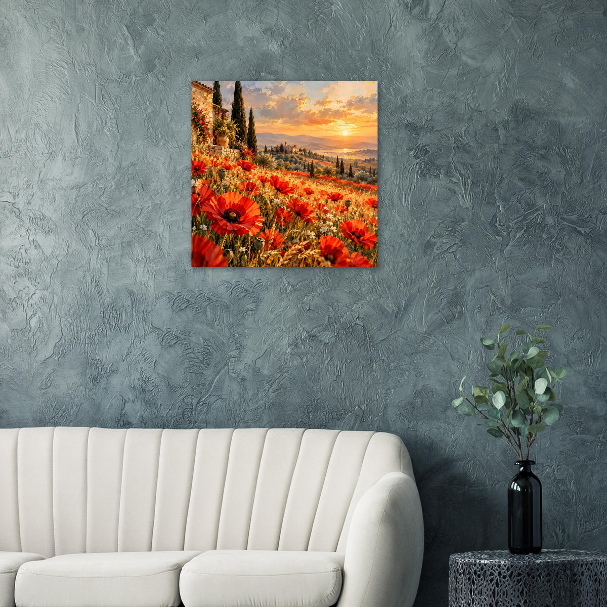 Poster mit rotem Mohnblumenfeld, Sonnenuntergang und Blick ins Tal.