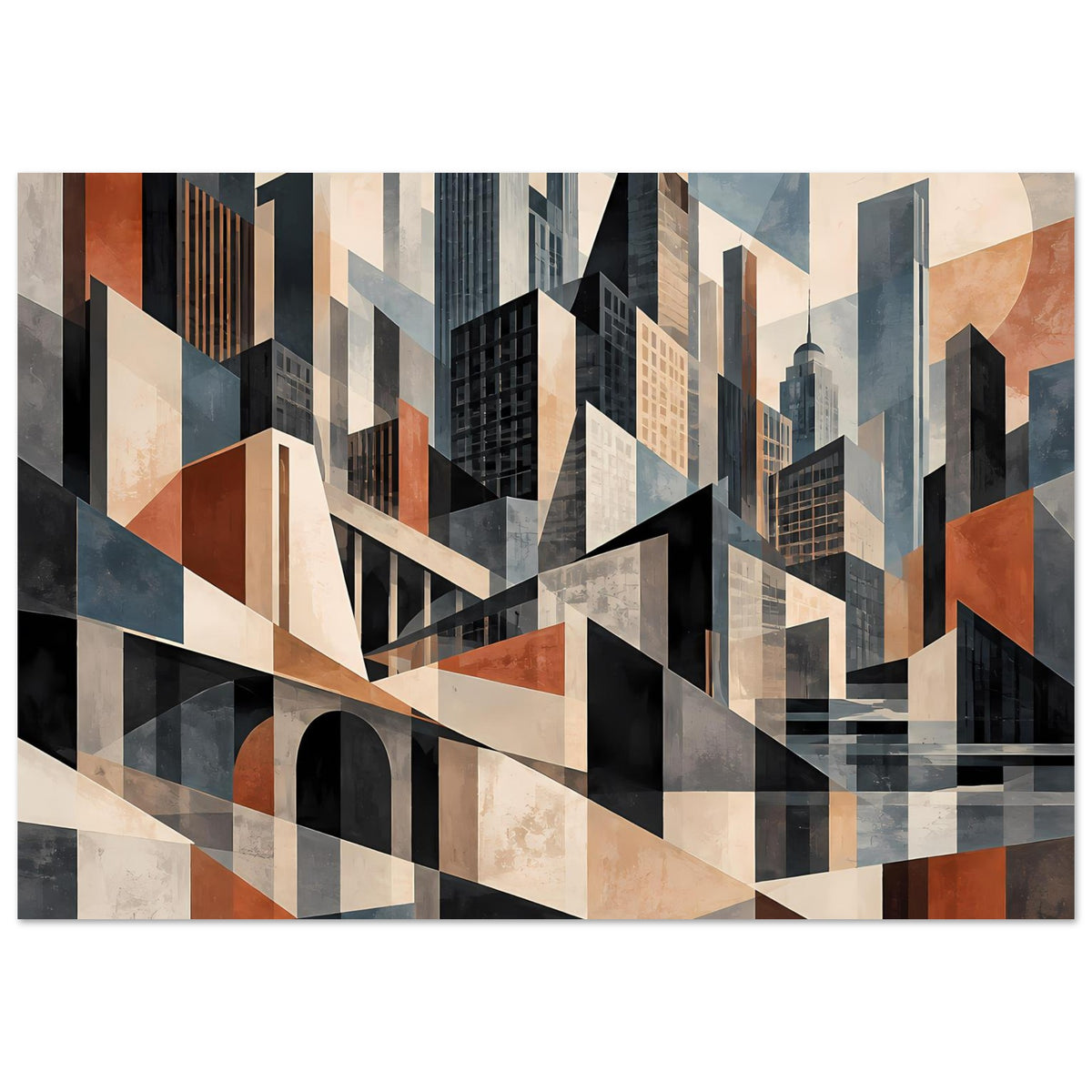 Architekturposter mit diagonalem Stadtraum und vielen Fensterflächen in Blau, Schwarz und Beige