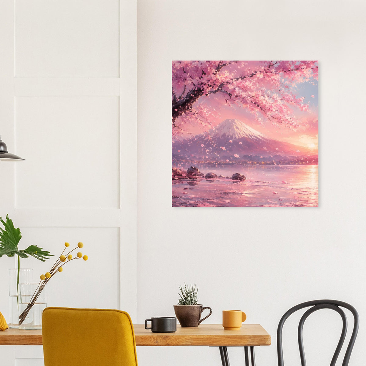 Poster mit Fuji-Berg und Kirschblütenzweigen, rosafarbenes Wasser im Abendlicht