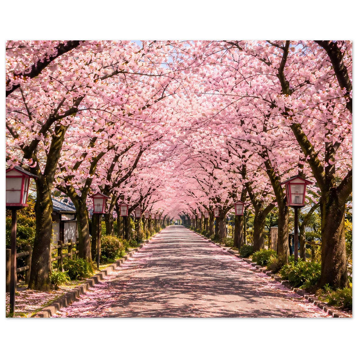 Kirschblüten-Allee Poster: schmaler Weg zwischen rosa Blüten, Laternen entlang der Bäume