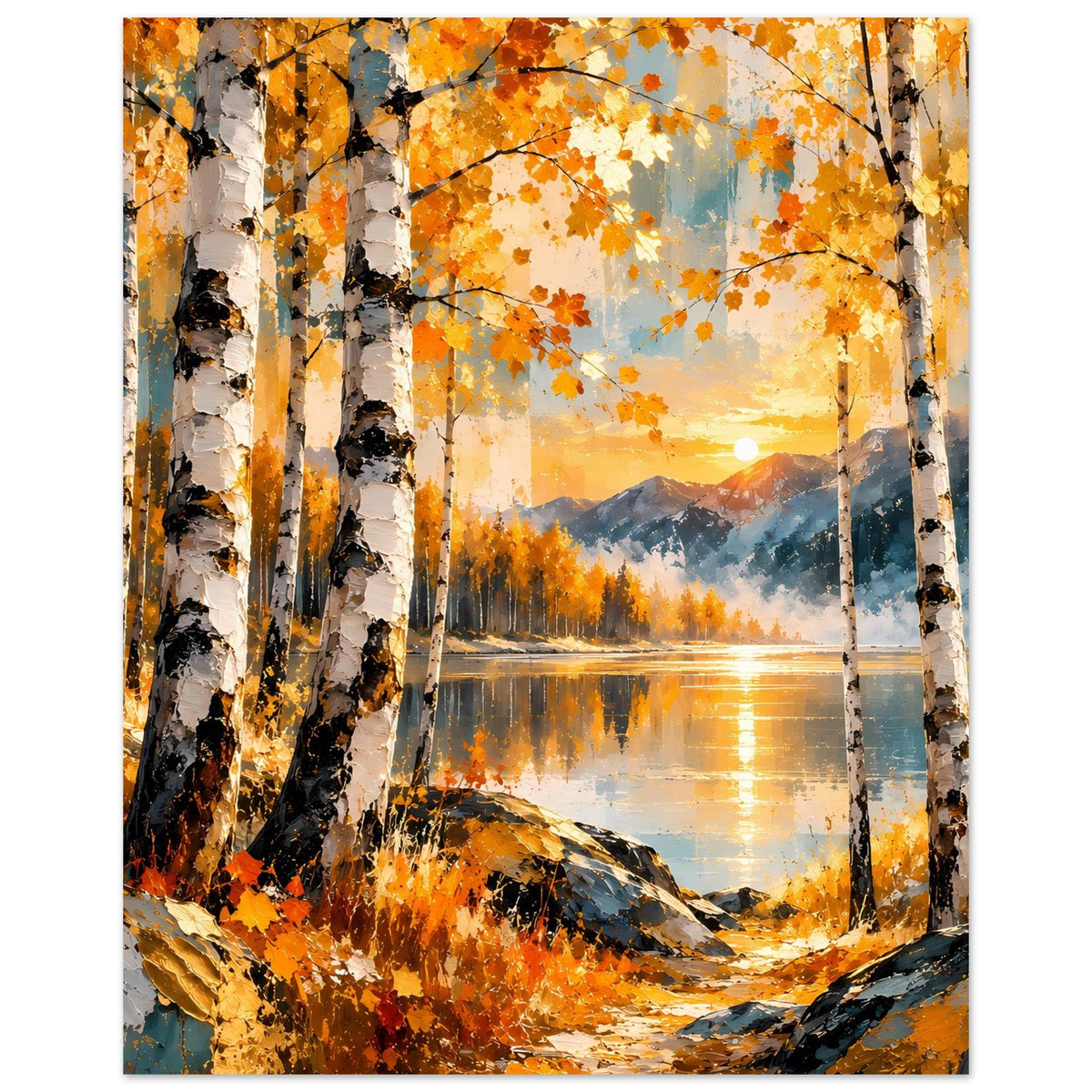 Poster im Hochformat: Birken, See mit Spiegelung, Sonnenkreis und orangefarbene Krone