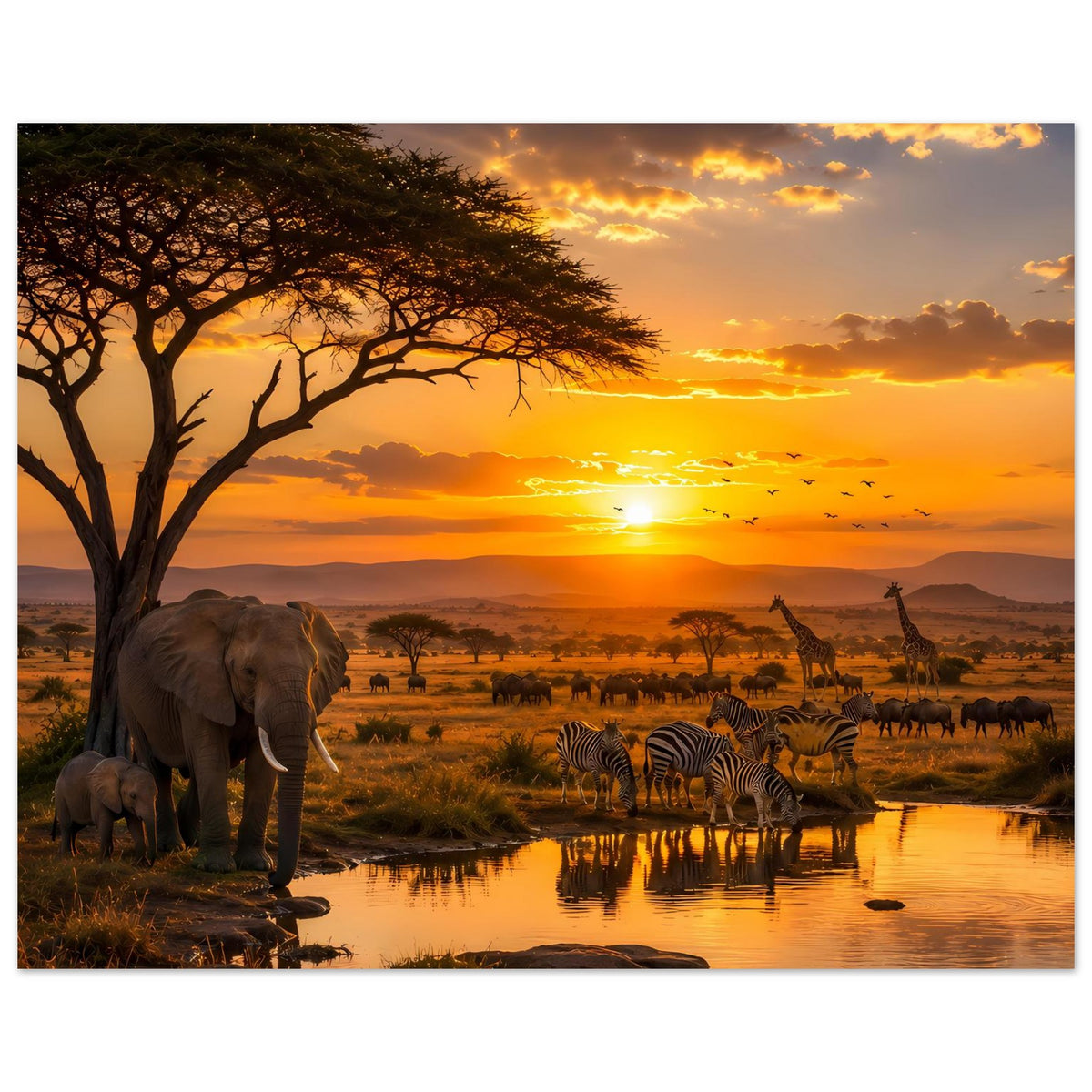 Poster mit Elefanten und Zebras am Wasserloch, goldene Savanne im warmen Sonnenuntergang