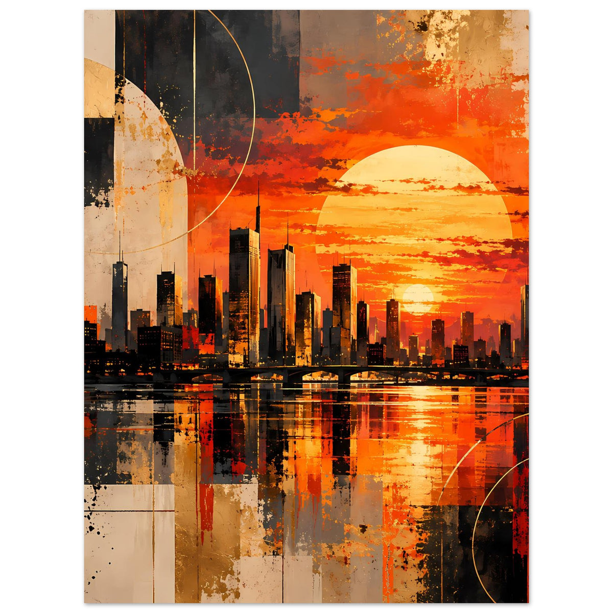 Poster mit Stadtskyline im Stil der Abstraktion, orangefarbenem Himmel, großer Sonne und Kreislinien