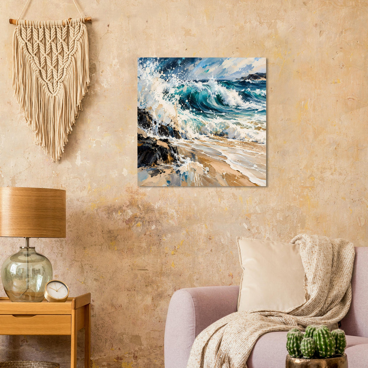 Meerwellen-Kunstposter mit türkisblauen Wellen, Sandstrand und Schaum, quadratisch