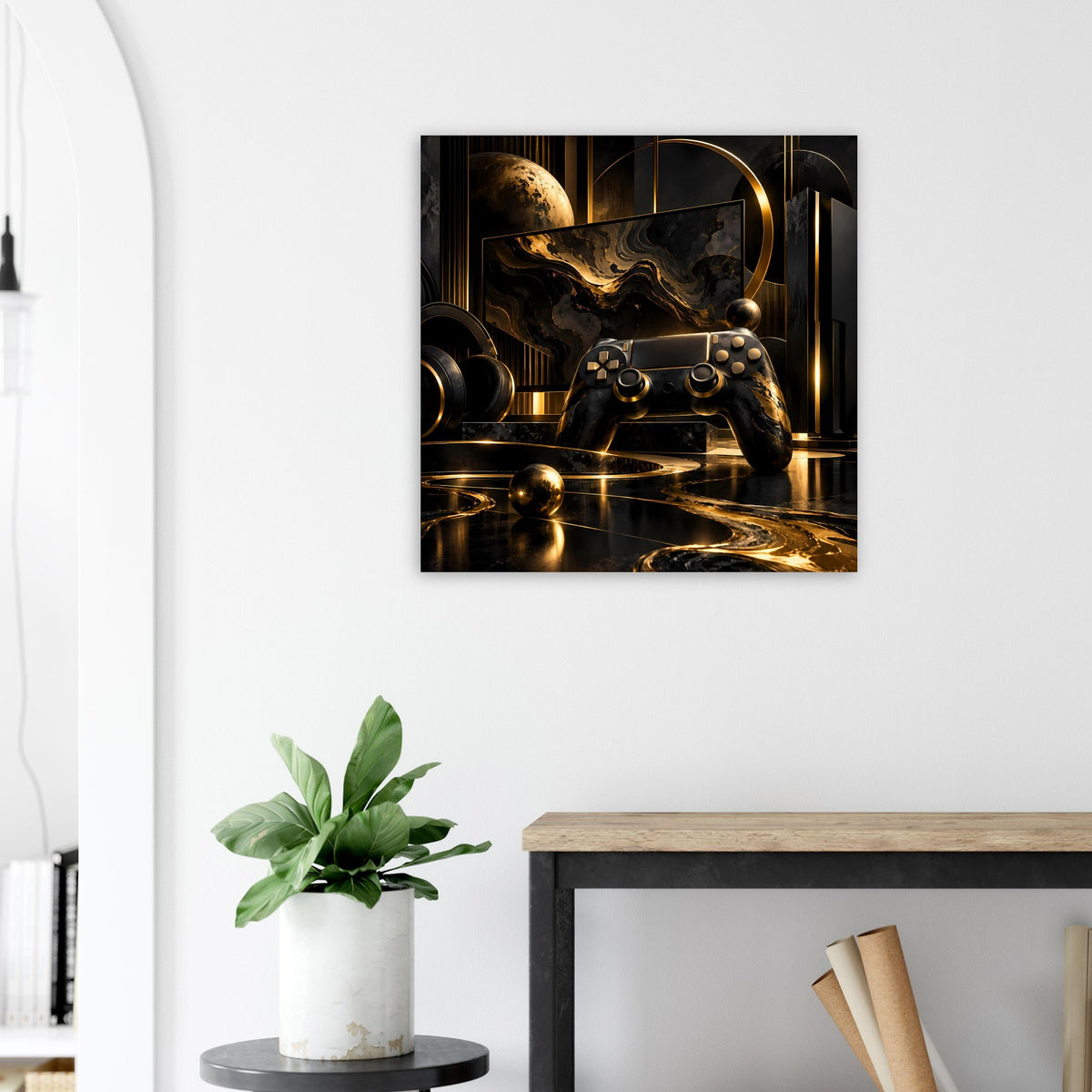 Rechteckiges Wandposter mit schwarzem Controller-Motiv und goldener Dekolicht-Optik.