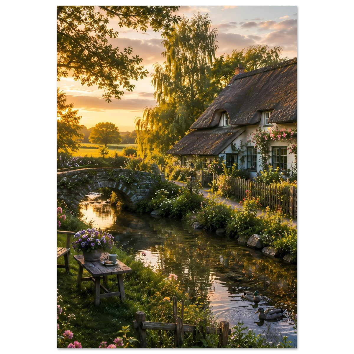 Hochformat-Poster: Bach mit Steinbogenbrücke, Landhausfassade und Blüten am Ufer
