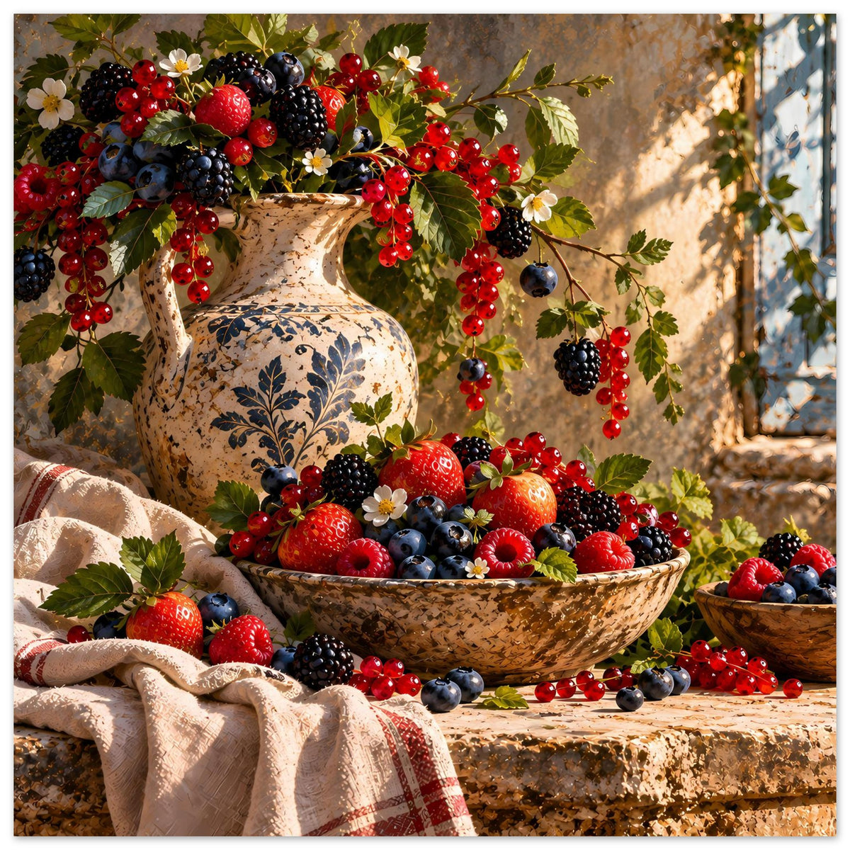 Beeren-Stillleben-Poster mit Vase, reichlich Beeren in der Schale und Strauchzweigen