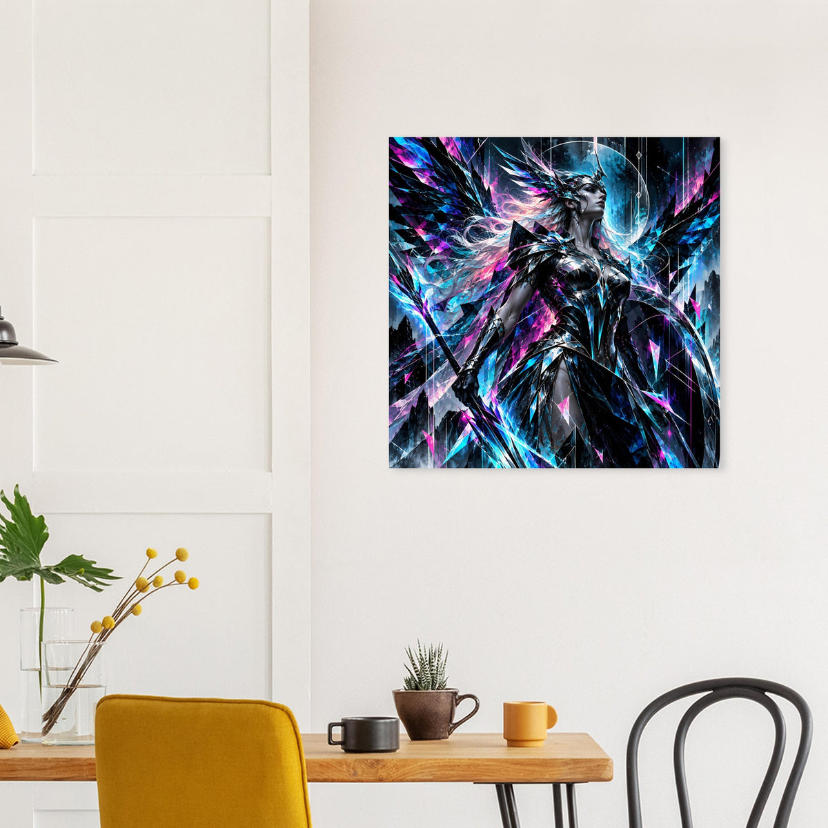 Quadratisches Poster mit Valkyrie-Illustration in Neonblau und Pink, scharfe Lichtstrahlen