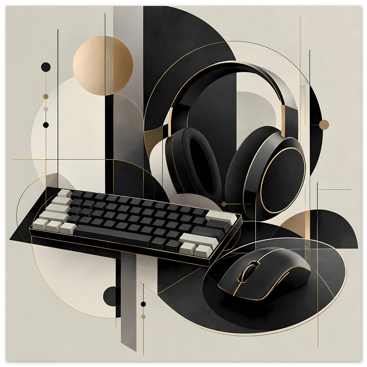 Gaming-Poster mit schwarzem Headset, Tastatur und Maus im geometrischen Gold-Creme-Design