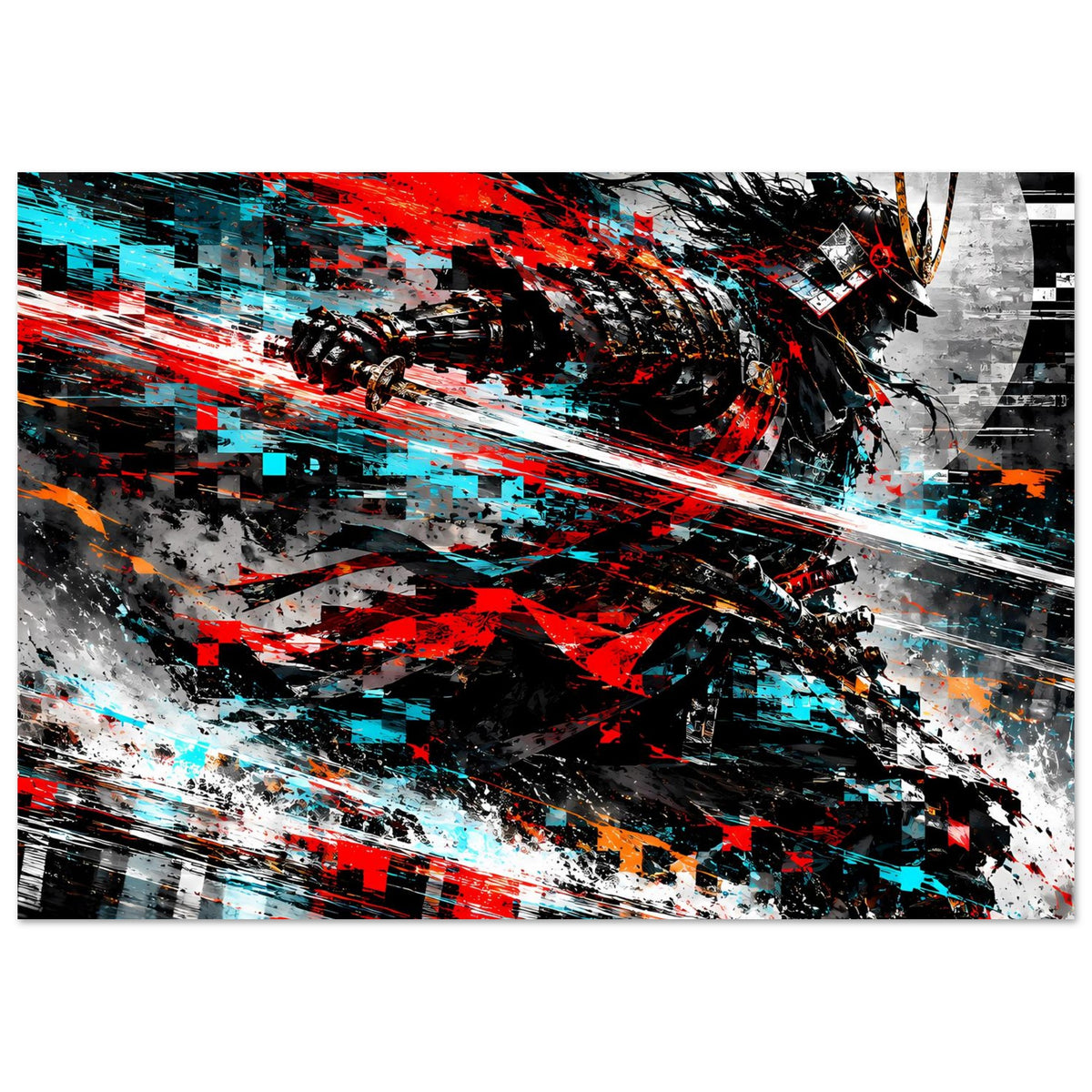 Action-Poster im Querformat, stilisierter Samurai, Rot und Cyan mit körnigen Texturflächen