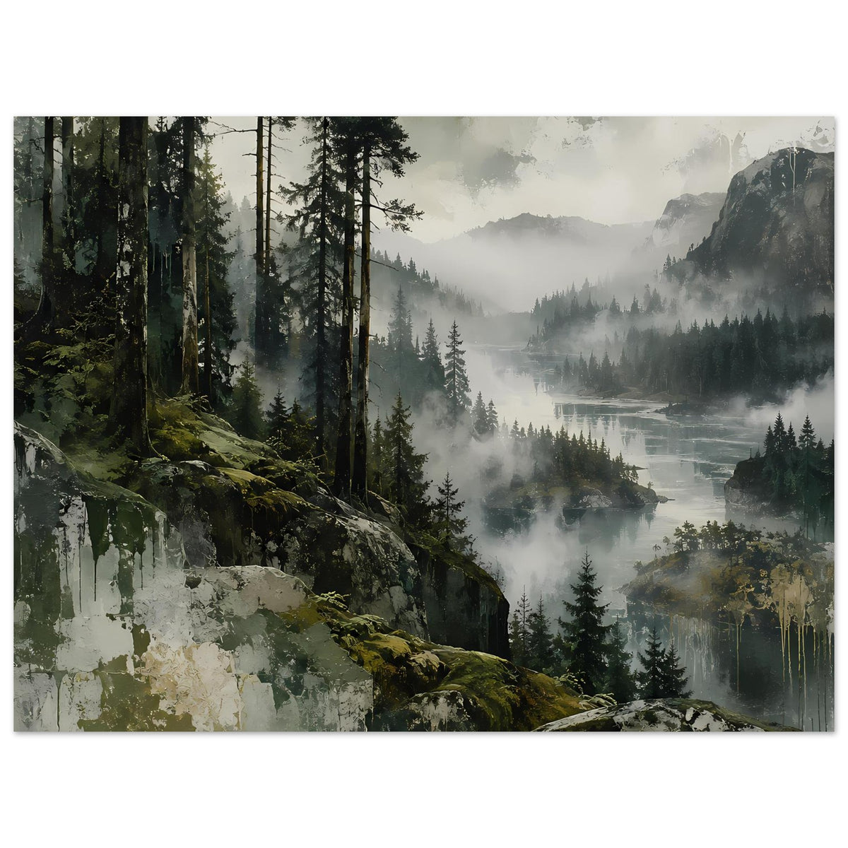 Querformat-Poster: dichter Tannenwald, Nebelschleier und Fluss
