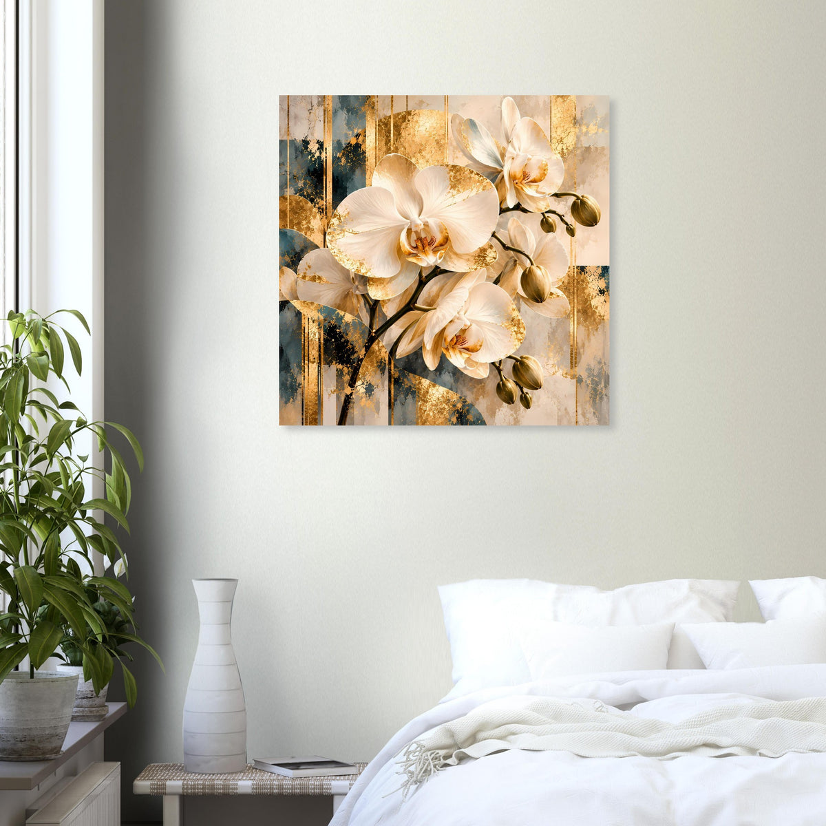 Orchideen-Poster mit weißen Orchideen und goldfarbenen Hintergrundakzenten im Quadrat