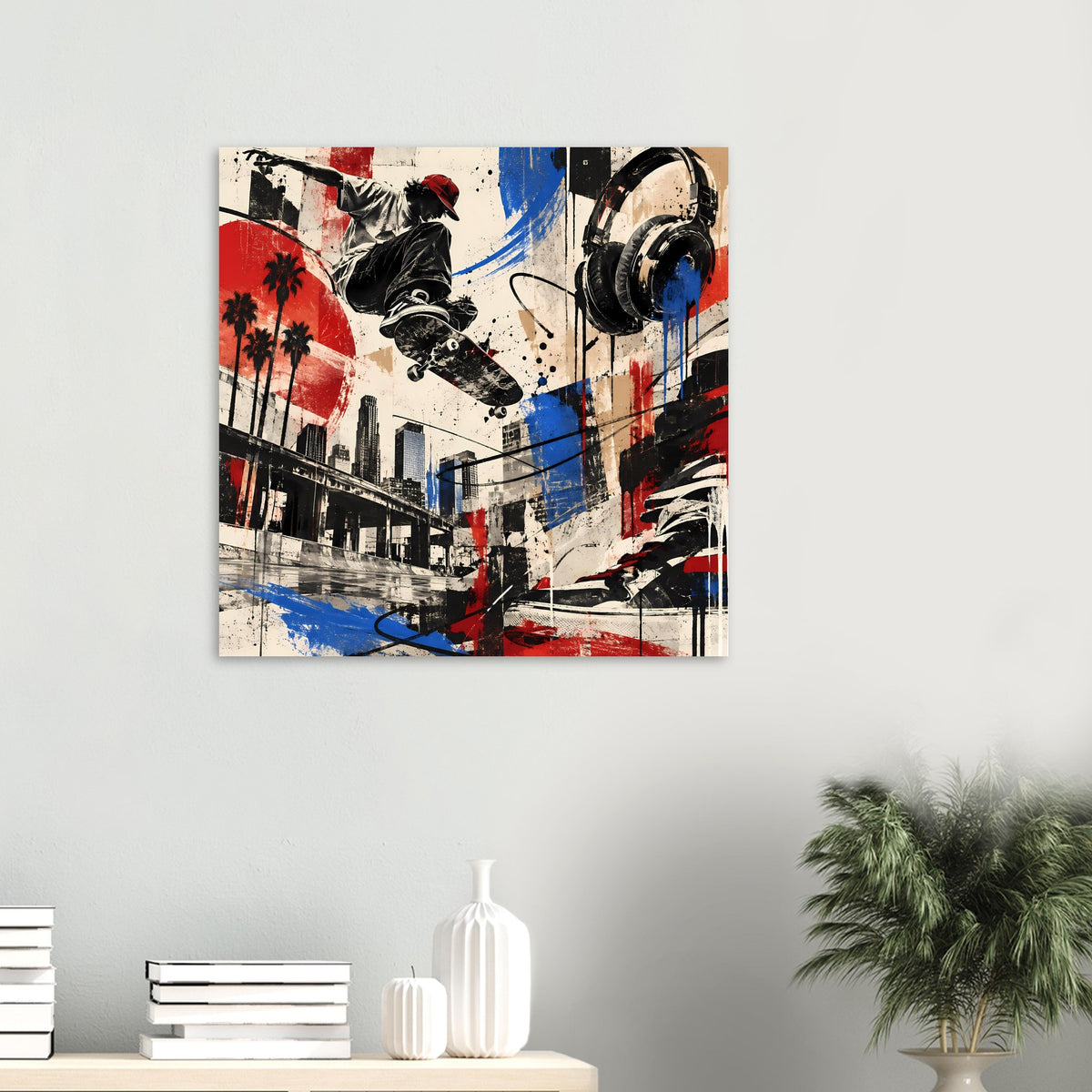 Urban-Skate-Poster in kleiner Größe an der Wand, Skateboarder mit Rot-Blau-Schwarz