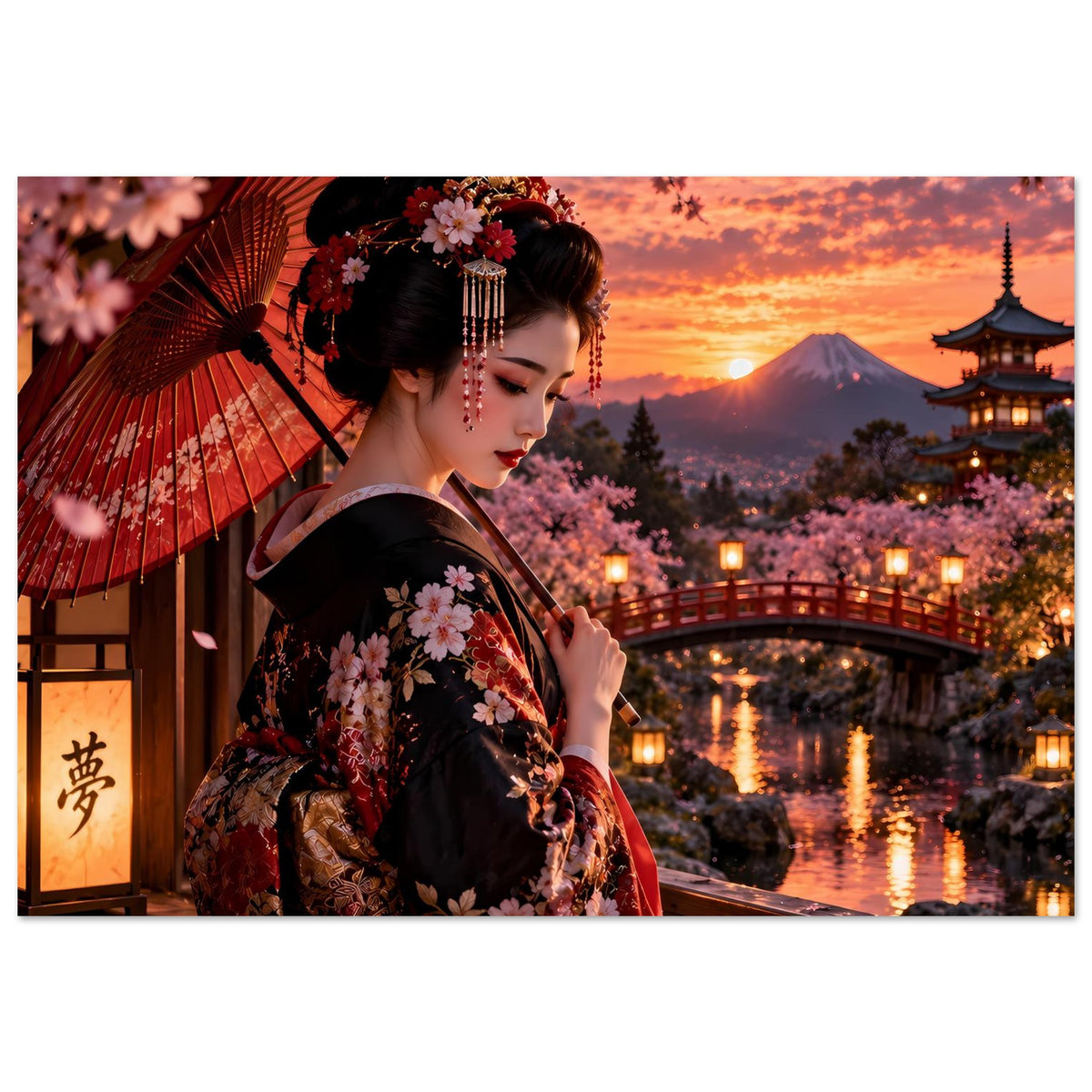 Poster: Frau im dunklen Kimono mit Kirschblüten, roter Fächer, Pagode und Wasserlauf