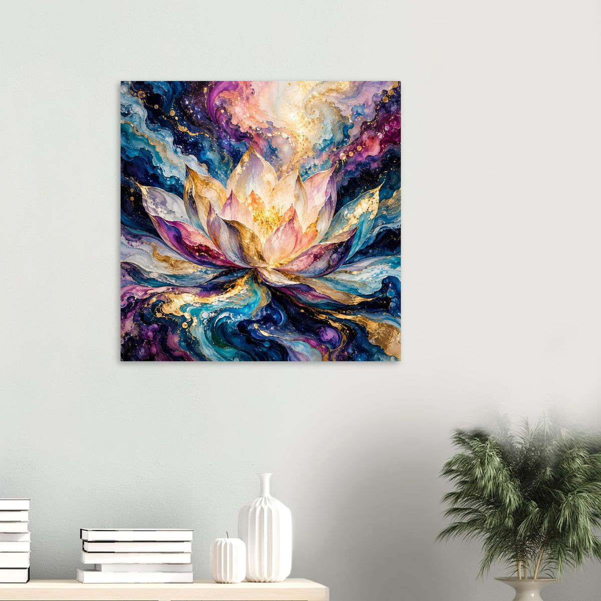 Quadratisches Blumenposter: abstrakte Blüte mit blau-lila Wirbeln und goldenen Highlights.