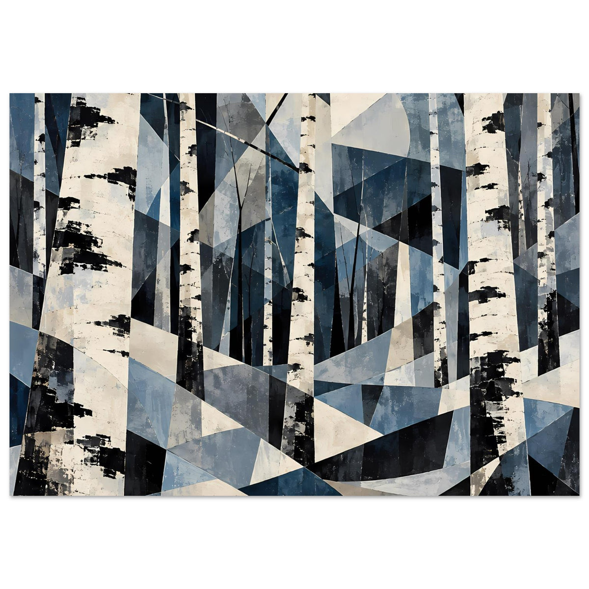 Abstraktes Naturposter: geometrische Birkenwald-Optik mit Blau-Schwarz-Kontrasten