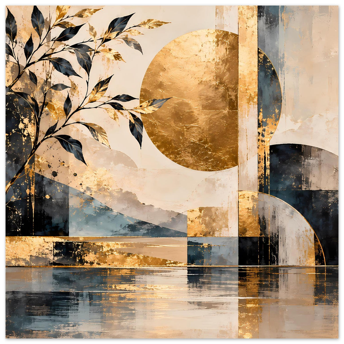 Kunstposter: goldener Kreis, blaue Bogenform und abstrakte Linien, mit Blattzweigen links