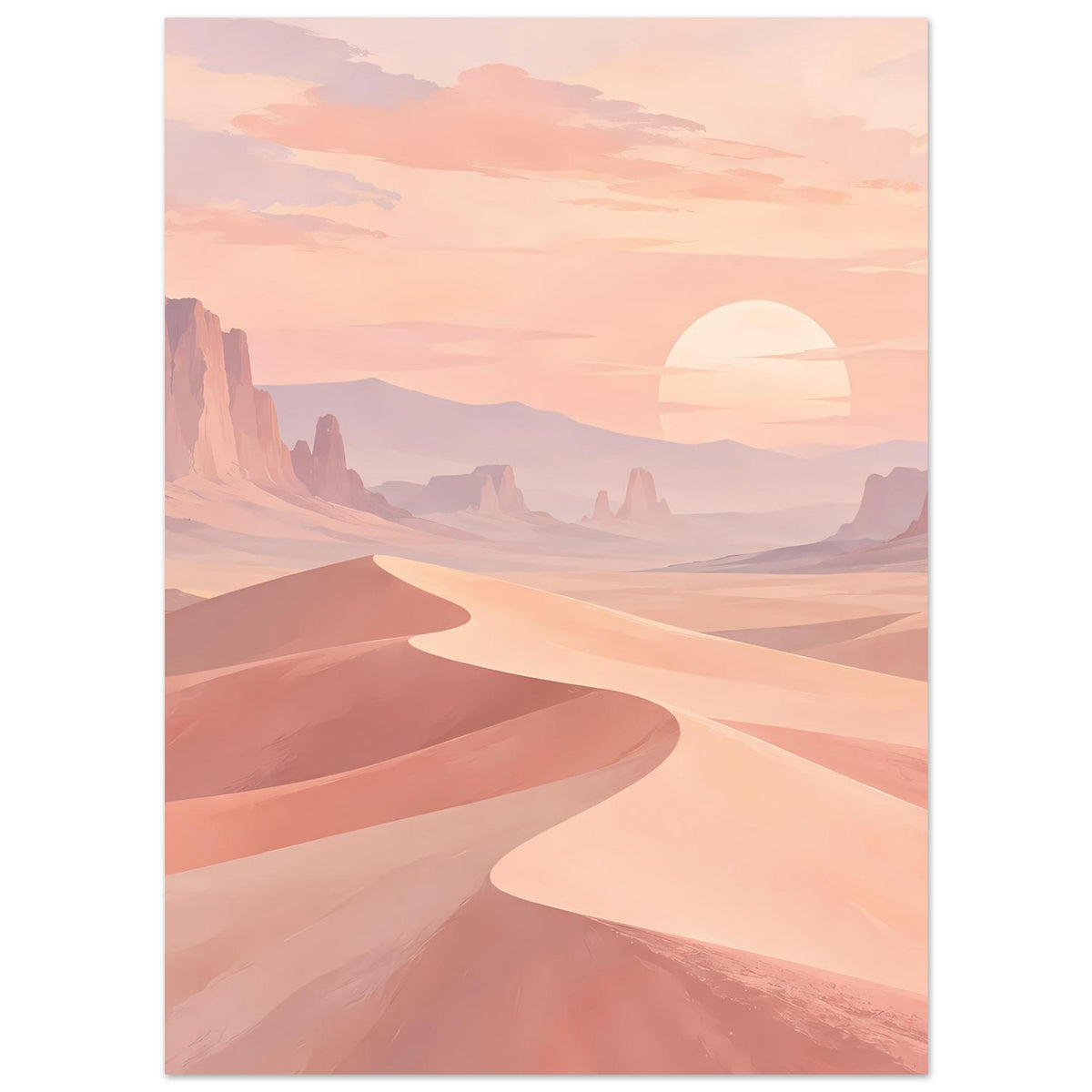 Poster: rosafarbene Wüste mit Sandrinnen, Bergsilhouetten und kreisförmiger Abendsonne
