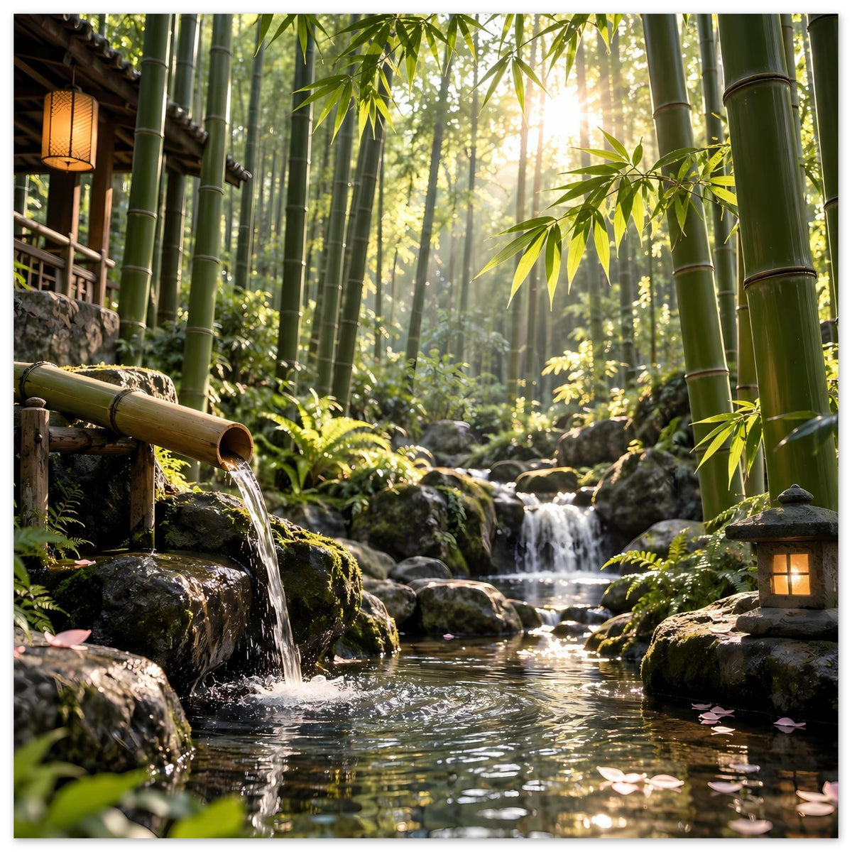 Naturposter mit Bambuswald und Wasserfall, Laterne im linken Bildrand