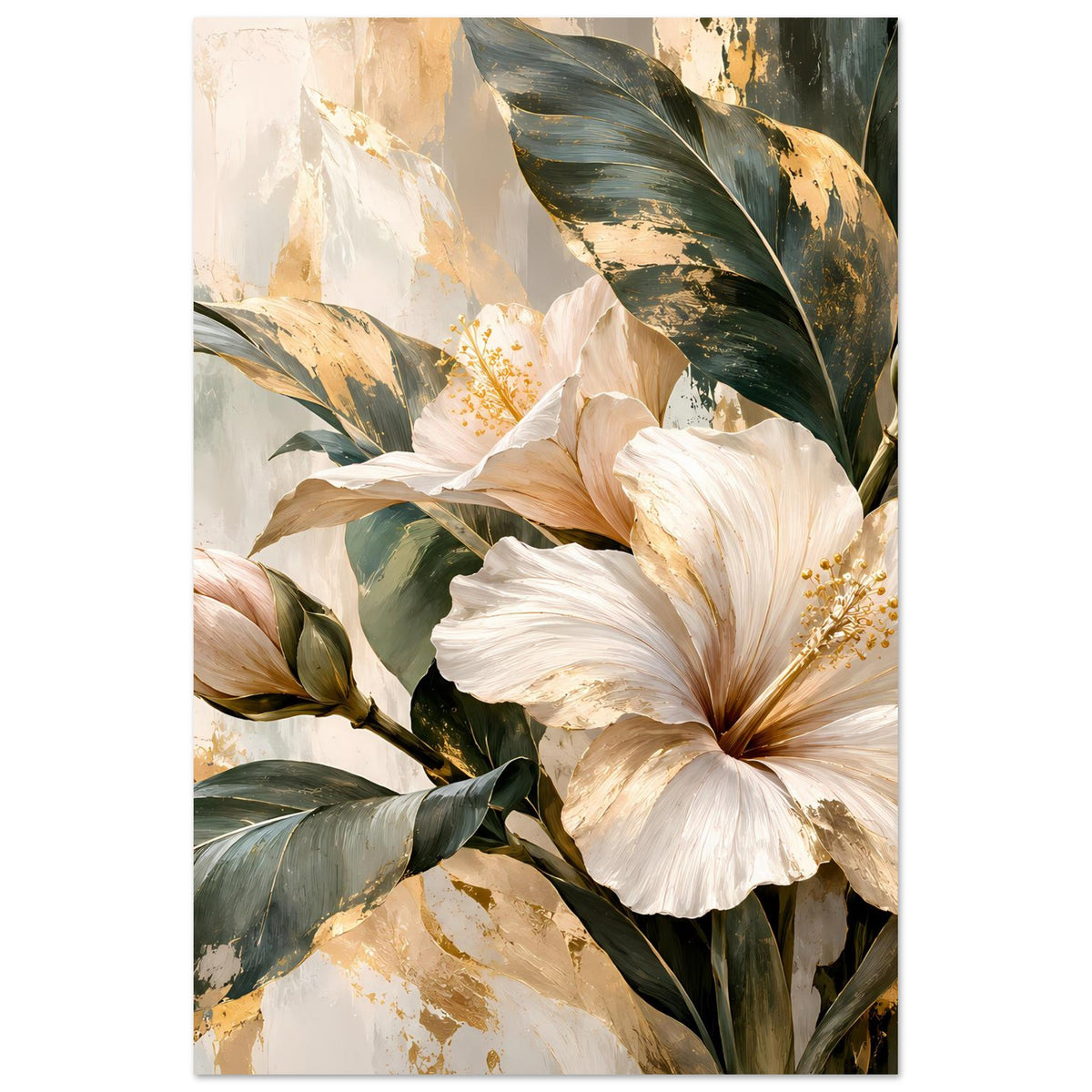Blumenposter, hochformatig: weiße Blüten mit goldenen Akzenten und dunkelgrünen Blättern