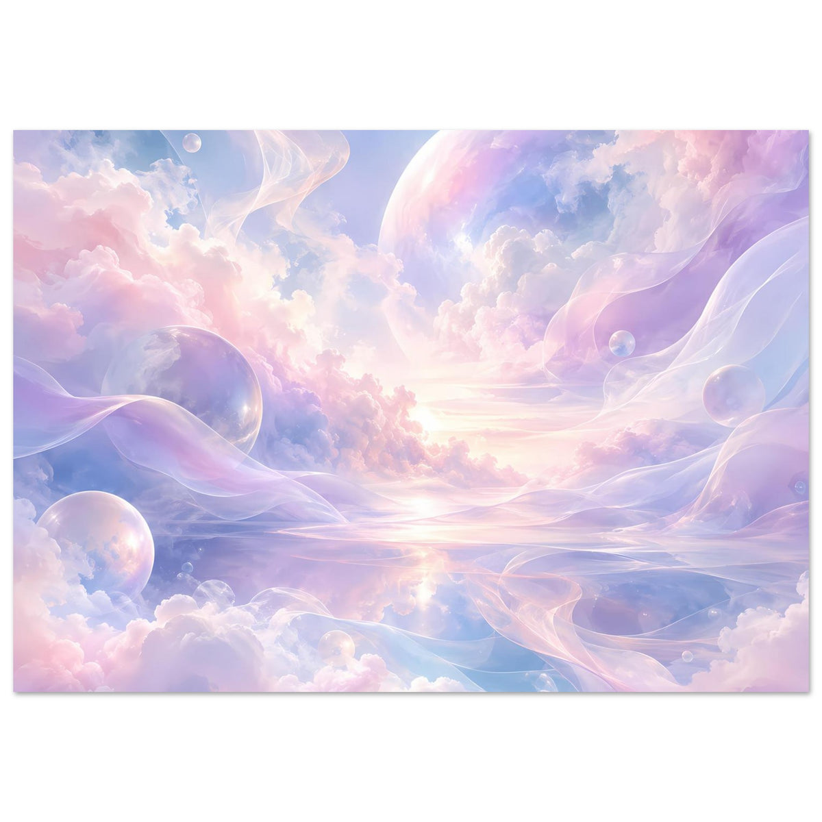 Breites Poster mit pastelligem Wolkenhimmel, schimmernden Blasen und Sonnenaufgang