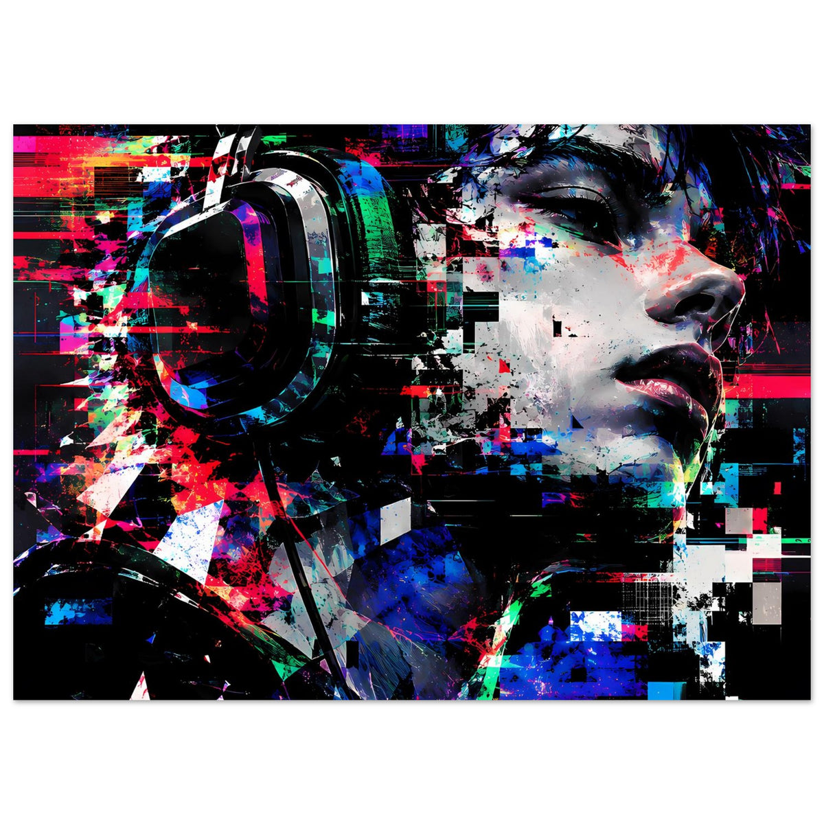 Horizontales Poster mit dynamischer Glitch-Grafik, farbige Kacheln und Lichtstreifen