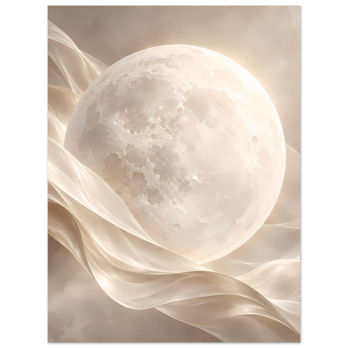 Vertikales Kunstposter mit weißem Mond und schimmernden Schleierfalten im Hintergrund