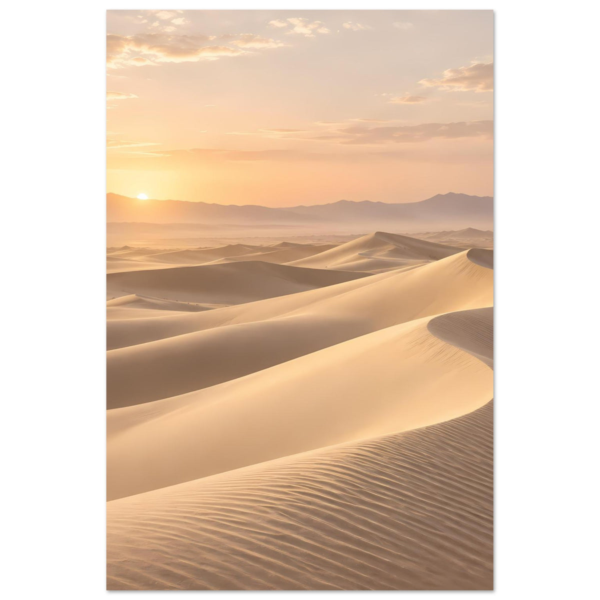Hochkant-Wüstenposter mit goldener Sonne über hellen Sanddünen und Dünenkämmen