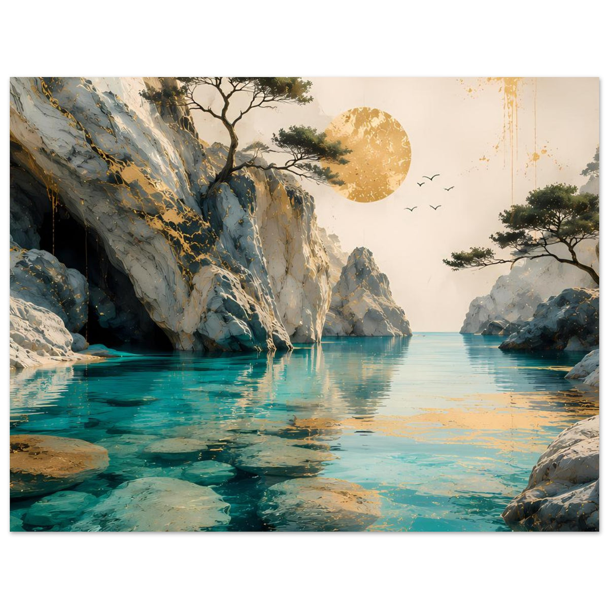 Querformatiges Poster: Felsklippen und türkisfarbenes Wasser, goldener Mond, Vögel am Himmel.