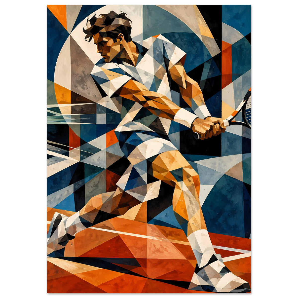 Kunst-Poster mit abstraktem Tennis-Motiv: Spielerfigur, Ballbahn und Schläger im Fokus