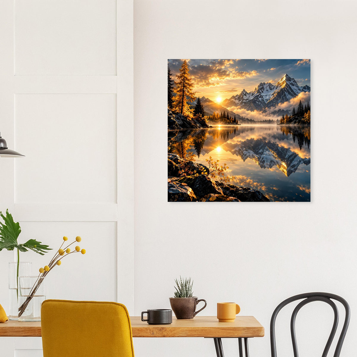 Wandposter mit Sonnenaufgang am Bergsee, ruhige Spiegelungen der Alpengipfel