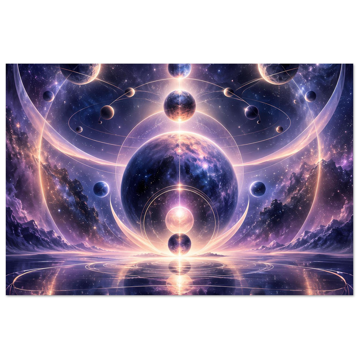 Poster mit kosmischem Motiv, zentraler Planet und ringförmige Lichtlinien im All