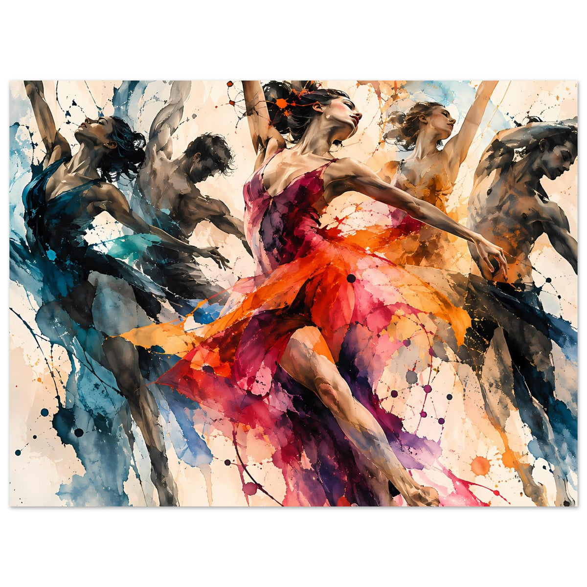 Tanzkunst-Poster mit Tänzerinnen im Aquarellstil, orange-rotes Kleid, blau-schwarze Akzente