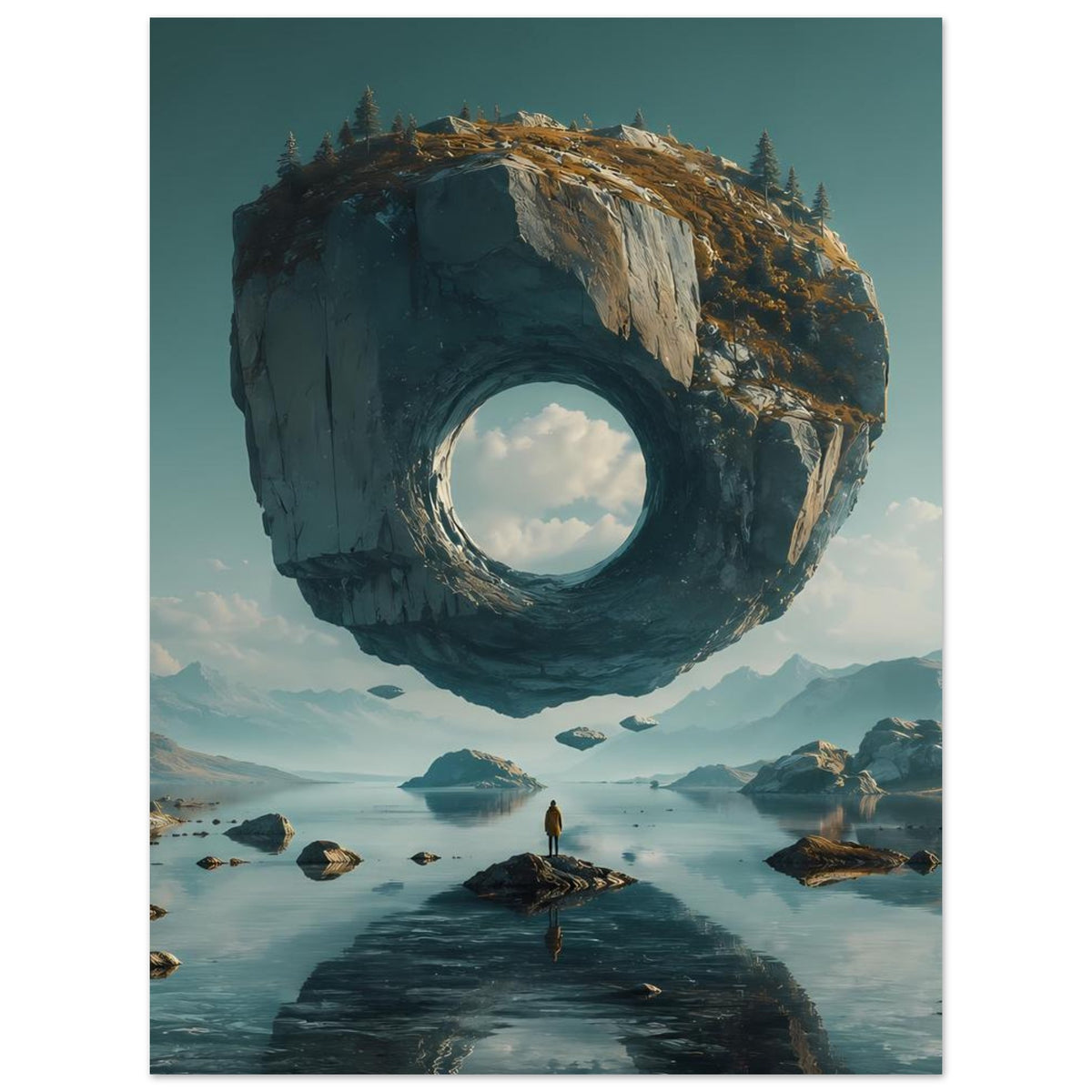 Surreales Poster mit schwebendem Felsring über türkisblauem See und Person im Vordergrund