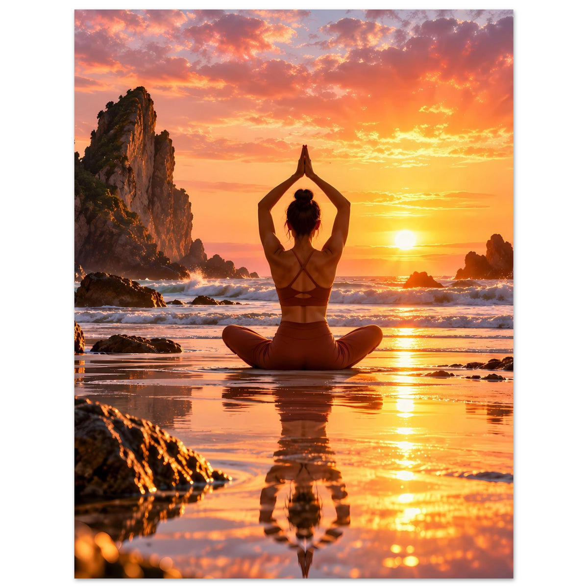Yoga-Poster mit mittigem Motiv: Person im Lotussitz, Sonnenuntergang über dem Meer