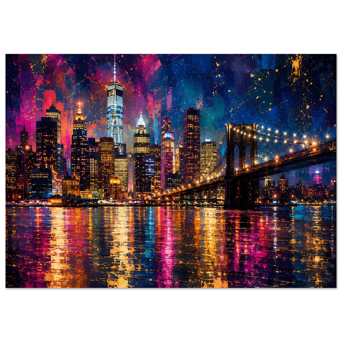 Abstraktes Stadtposter: Skyline mit Hängebrücke bei Nacht, leuchtende Fenster und Lichtpunkte