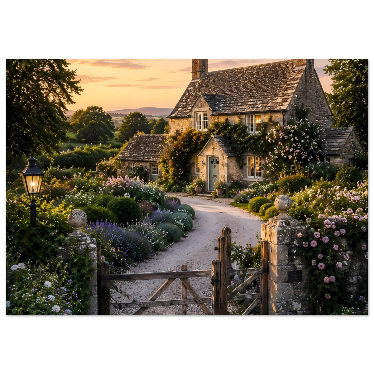 Poster mit Landhaus und bunten Blumenbeeten, Blick auf das Holzzaun-Tor