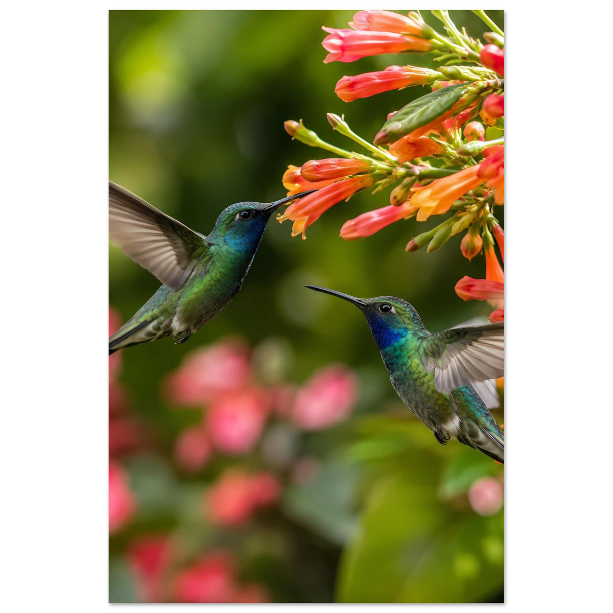 Hochformat-Poster: zwei Kolibris im Flug an roten Blüten