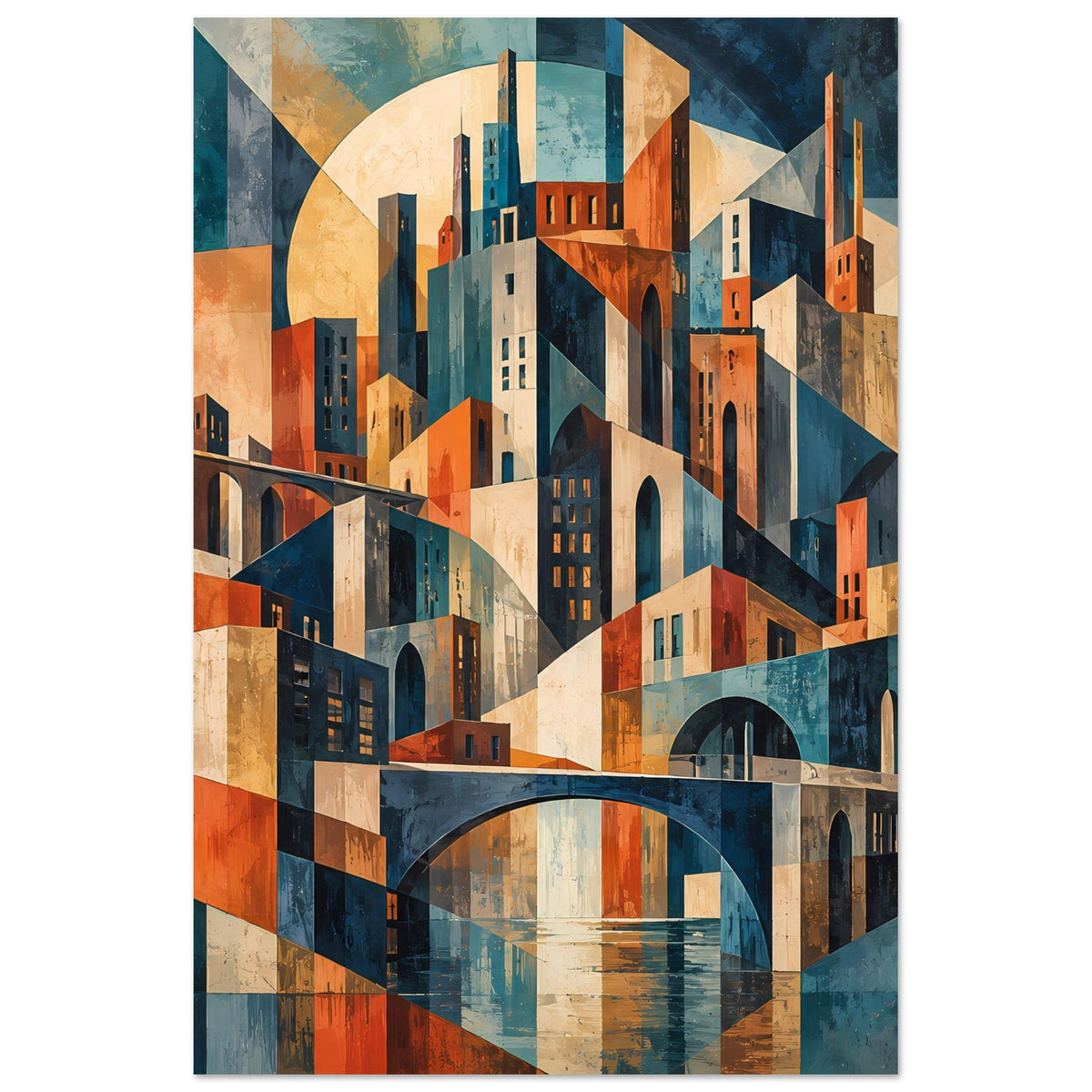 Vertikales Poster mit geometrischer Stadtansicht und Bogenbrücke in warmen Blau- und Orangetönen